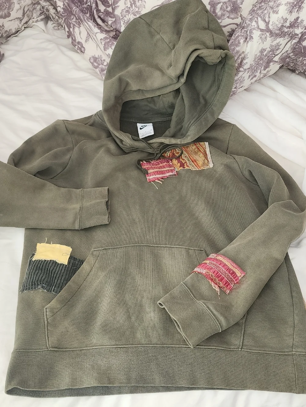 Nike Olive Green Hoodie with Multicolor Patchwork Accents